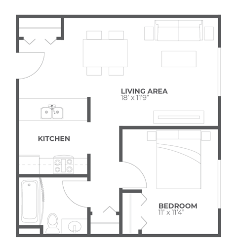 A floor plan of a small apartment with a living area, kitchen, and bedroom.